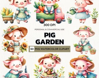 Joyful Harvest – Watercolor Clipart Set of Garden Pigs