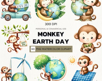 Earth Day Monkey Watercolor Clipart Set (Digital Download)
