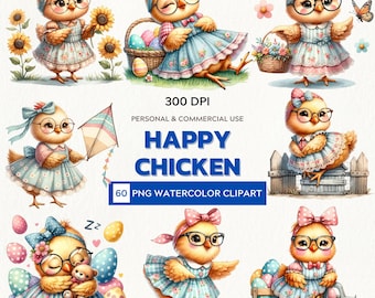 Watercolor Chicken Clipart Set: Whimsical Farm Animal PNG (Digital Download)