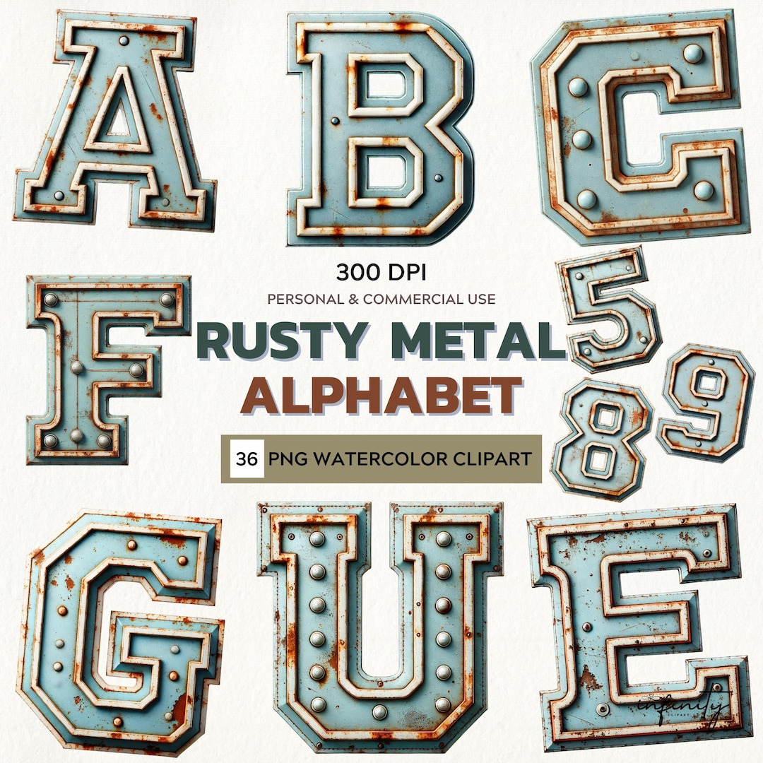 Rusty Abcd Rusty Turquoise Metal Alphabet Clipart: Steampunk Font (digital ...