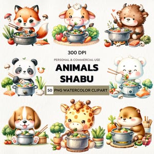 May include: A collection of watercolour clipart showing cute animals eating shabu shabu. The image includes a fox, cow, bear, panda, polar bear, puppy, giraffe, and otter. Text reads "ANIMALS SHABU" and "50 PNG WATERCOLOR CLIPART".