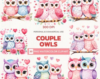 Tender Connection – Watercolor Clipart Set of Owl Couples