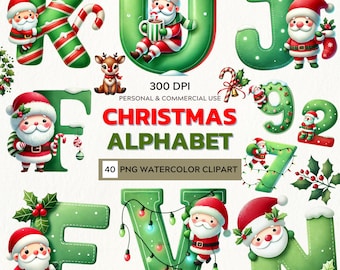 Watercolor Christmas Alphabet Clipart: Santa Letters & Numbers PNG (Digital Download