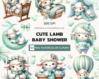 Watercolor Baby Lamb Clipart – 60 PNG Nursery Illustrations (Digital Download)