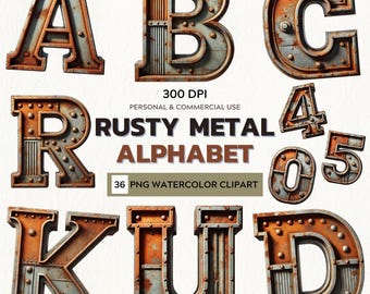 Rusty Metal Alphabet Clipart: Grunge Industrial Font (Digital Download)