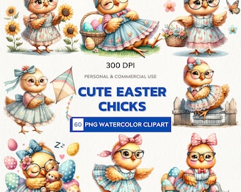 Cute Easter Chick Watercolor Clipart, 60 Kawaii Baby Chicken PNGs, Spring Farm Animal Digital Download