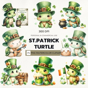 May include: Watercolor clipart set featuring adorable turtles dressed in green top hats with shamrocks, celebrating St. Patrick's Day. The image includes text that reads "ST. PATRICK TURTLE" and "HAPPY ST. PATRICK'S DAY".