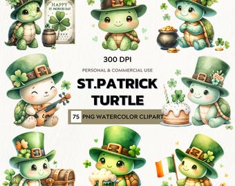 St. Patrick’s Day Turtle Clipart | 75 PNG Cute Watercolor Shamrock & Leprechaun Turtles | Irish Holiday Art | Digital Download