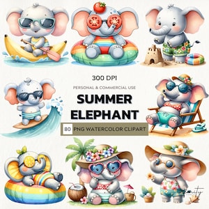 May include: Watercolor clipart set featuring cartoon elephants enjoying summer activities. The elephants are depicted with sunglasses, swimsuits, and accessories like beach hats and inner tubes. Text on the image reads "Summer Elephant" and "80 PNG Watercolor Clipart".