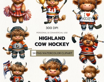 Highland Cow Hockey Team – Watercolor Clipart Set for Sports Crafts