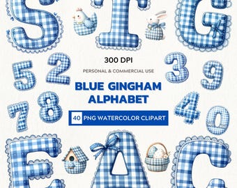 Cozy Classic – Watercolor Clipart set of Blue Gingham Alphabet