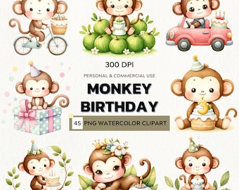 Monkey Birthday Watercolor Clipart: 45 PNG Party Illustrations (Digital Download)