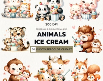 Playful Delight – Watercolor Clipart Set of Animals with Ice Cream