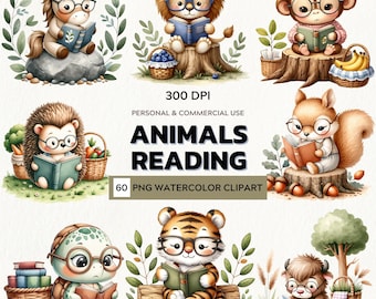 Watercolor Animals Reading Clipart Set: 60 PNG Illustrations (Digital Download)