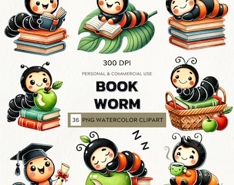 Bookworm Clipart Set: Watercolor Reading Worms (36 PNG)
