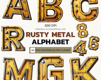 Rusty Metal Alphabet Clipart: Grunge Industrial Font (Digital Download)