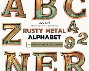 Rusty Copper Metal Alphabet Clipart: Steampunk Font (Digital Download A-Z, 0-9 PNG Set)