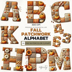 May include: A collection of fall-themed patchwork alphabet letters and numbers. Each letter and number is decorated with pumpkins, leaves, and other autumn elements. The image includes the text "FALL PATCHWORK ALPHABET" and "36 PNG WATERCOLOR CLIPART".