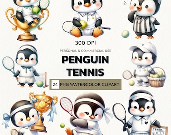Playful Energy – Watercolor Clipart Set of Tennis Penguins