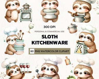 Watercolor Sloth Kitchen Clipart Set – 60 PNG Illustrations (Digital Download)