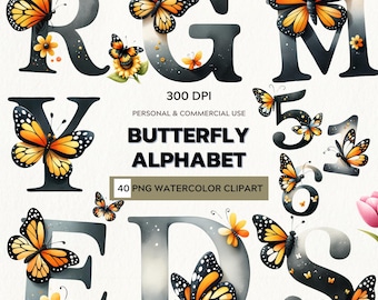 Graceful Bloom – Watercolor Clipart Set of Butterfly Alphabet & Numbers