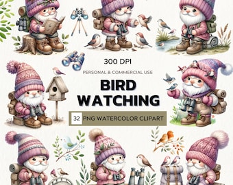 Gentle Curiosity – Watercolor Clipart Set of Bird-Watching Gnomes