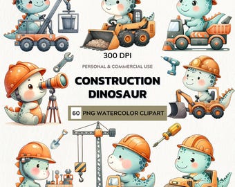 Dino Construction Watercolor Clipart Set – 60 PNG Illustrations (Digital Download)