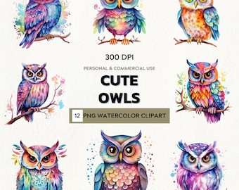 Whimsical Wisdom – Watercolor Clipart Set of Cute Owls