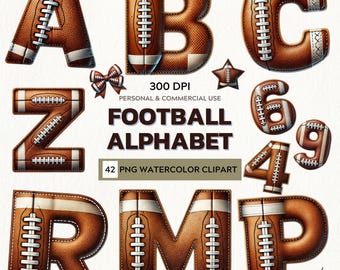 Watercolor Football Alphabet Clipart: A-Z Letters & Numbers (Digital Download)