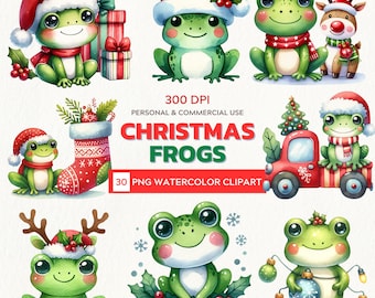 Festive Whimsy – Watercolor Clipart Set of Christmas Frogs