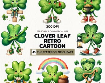 Retro Clover Clipart: Lucky Watercolor PNG Set (Digital Download)