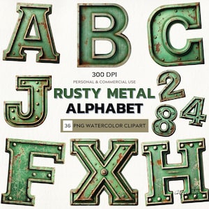 May include: A collection of green, rusty metal alphabet letters and numbers. The letters A, B, C, F, H, J, and X, along with the numbers 2, 4, and 8 are displayed. The text "RUSTY METAL ALPHABET" is also visible.