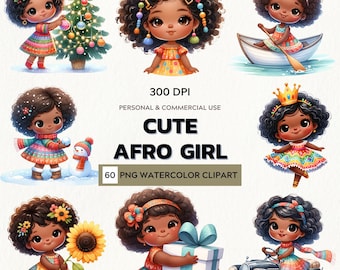 African Girls Watercolor Clipart: 60 PNG Illustrations (Digital Download)