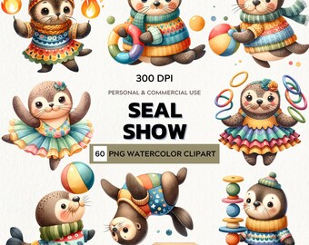 Joyful Performance – Watercolor Clipart Set of Seal Circus