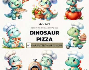 Pizza-Rex Party – Watercolor Clipart of Dinosaurs & Cheesy Fun