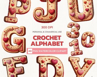 Crochet Alphabet Clipart | 40 PNG Watercolor Letters with Hearts & Yarn Texture | Cute Handcrafted Font | Digital Download