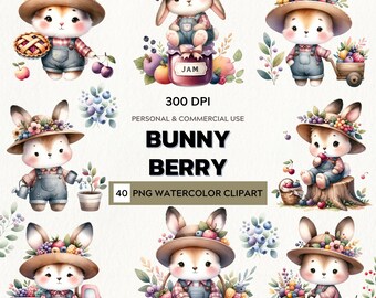 Watercolor Bunny Clipart – Berry Bunnies, Spring Designs (Digital Download)