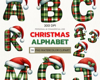 Christmas Plaid Alphabet PNG: Watercolor Holiday Letters Clipart (Digital Download)
