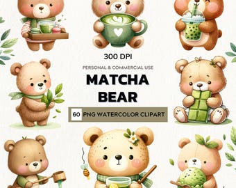 Calm & Cozy – Watercolor Clipart Set of Matcha Bears