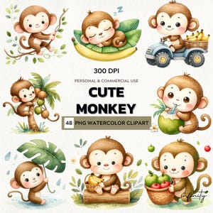 Könnte beinhalten: Aquarell-Cliparts mit entzückenden Cartoon-Affen in verschiedenen Posen. Ein Affe schwingt an einer Rebe, ein anderer schläft auf einem Bananenblatt. Der Text lautet "Cute Monkey" und "48 PNG Watercolor Clipart."