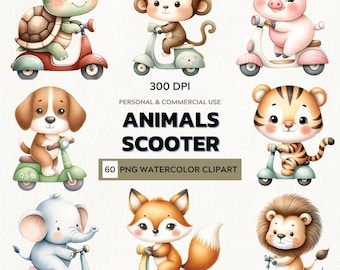 Playful Adventure – Watercolor Clipart Set of Animals on Scooters