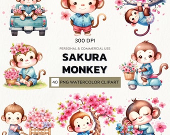 Sakura Monkey Watercolor Clipart – 40 PNG Illustrations (Digital Download)