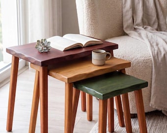 Modern Solid Wood Nesting Tables | Mahogany–Honey–Green | Minimalist Square-Leg Side Table Set