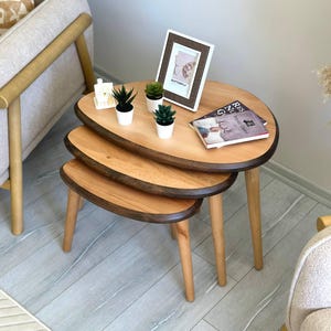 Può includere: Un set di tre tavolini a incastro con piani in legno chiaro e bordi in legno scuro, ciascuno dotato di tre gambe cilindriche. Il tavolo più grande ospita una cornice bianca, tre piccole piante artificiali in vaso e due libri sovrapposti.