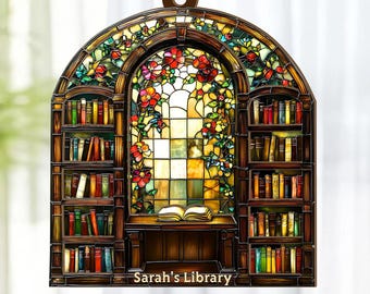 Personalized Library Suncatcher, Custom Acrylic Stained Glass Book Lover Gift, Librarian Reading Room Decor, Bookish Wall Art, Teacher Gift
