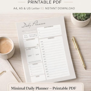 Daily Planner Printable PDF | Minimal One Page Planner | Simple Productivity Planner | A4 A5 Letter | Instant Download.
