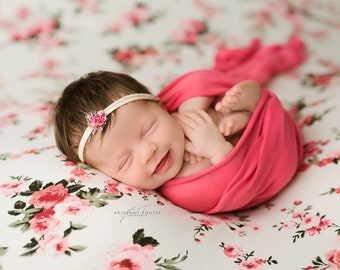 Floral Newborn Tieback and Wrap Set, Baby Girl Headband Photography Props, Pink Stretch Jersey Knit Wrap, RTS