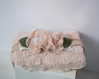 Newborn Stretch Posing Wrap Headband Set, Photography Props, Ruffled Baby Girl Stretch Wrap, Tan Peach Floral Tieback, Layering Cover Up RTS