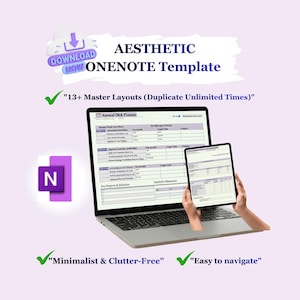 Könnte beinhalten: Ästhetische OneNote-Vorlage, die auf einem Laptop und Tablet angezeigt wird. Das Bild enthält den Text "Jetzt herunterladen" und "13+ Master-Layouts". Die Vorlage wird als "Minimalistisch & übersichtlich" und "Einfach zu navigieren" beschrieben. Ein lila "N"-Logo ist ebenfalls sichtbar.
