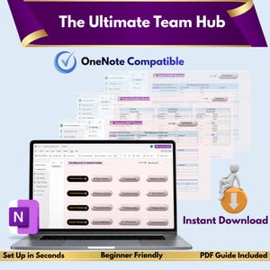 Pode incluir: Um laptop exibindo um painel digital com o texto "Dashboard & Quick Links". A imagem inclui o texto "The Ultimate Team Hub", "OneNote Compatible", "Instant Download", "Set Up in Seconds", "Beginner Friendly" e "PDF Guide Included".